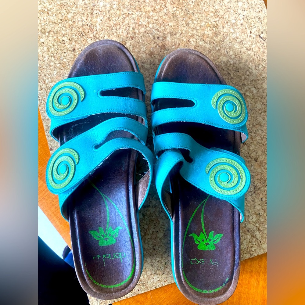 Aqua and green Dansko sandals